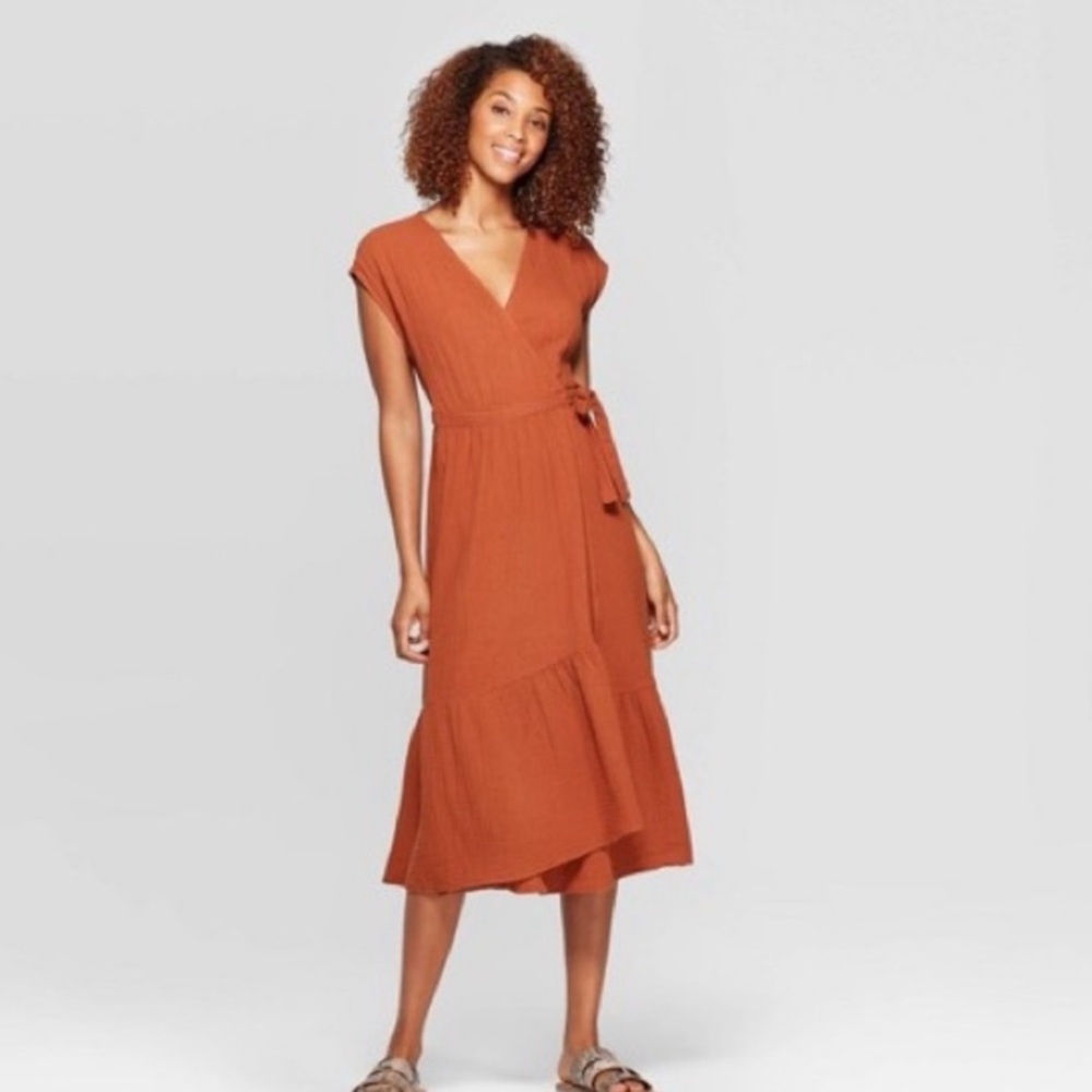 Burnt orange midi wrap dress
